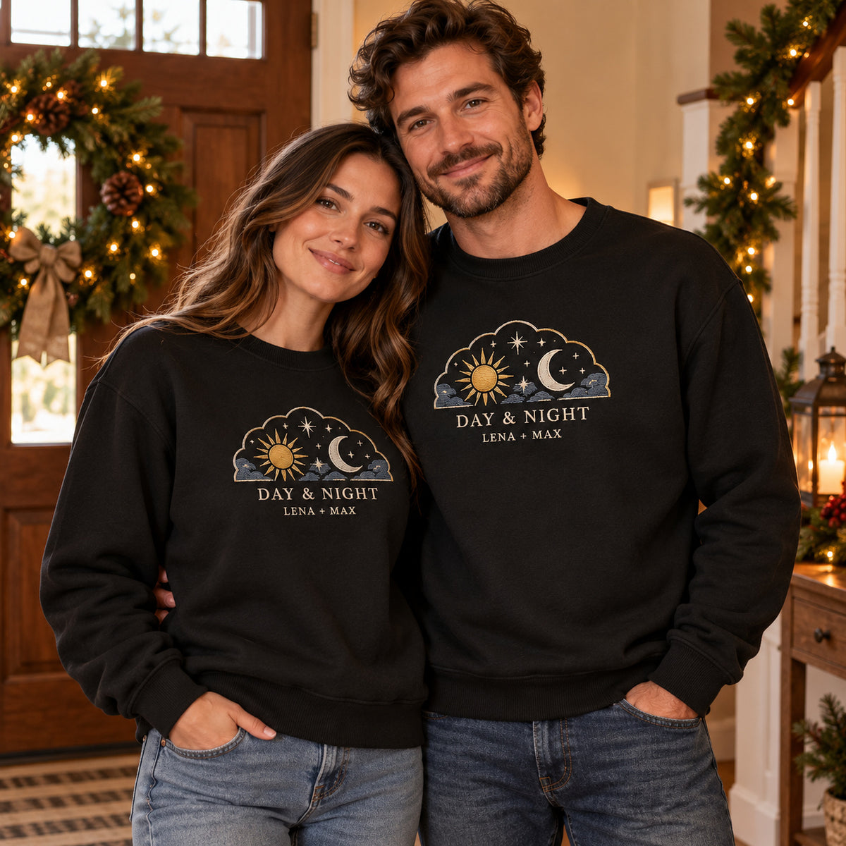 Day and Night sweatshirt concept mockup featuring a sun and crescent moon with stars in a cloud-shaped frame, sample personalization LENA + MAX, lifestyle view