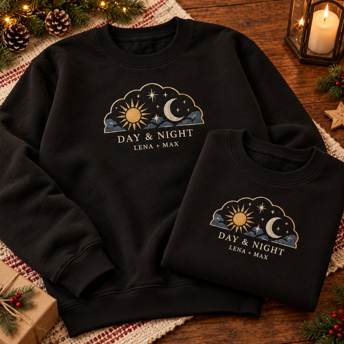 Day and Night sweatshirt concept mockup featuring a sun and crescent moon with stars in a cloud-shaped frame, sample personalization LENA + MAX, personalization view