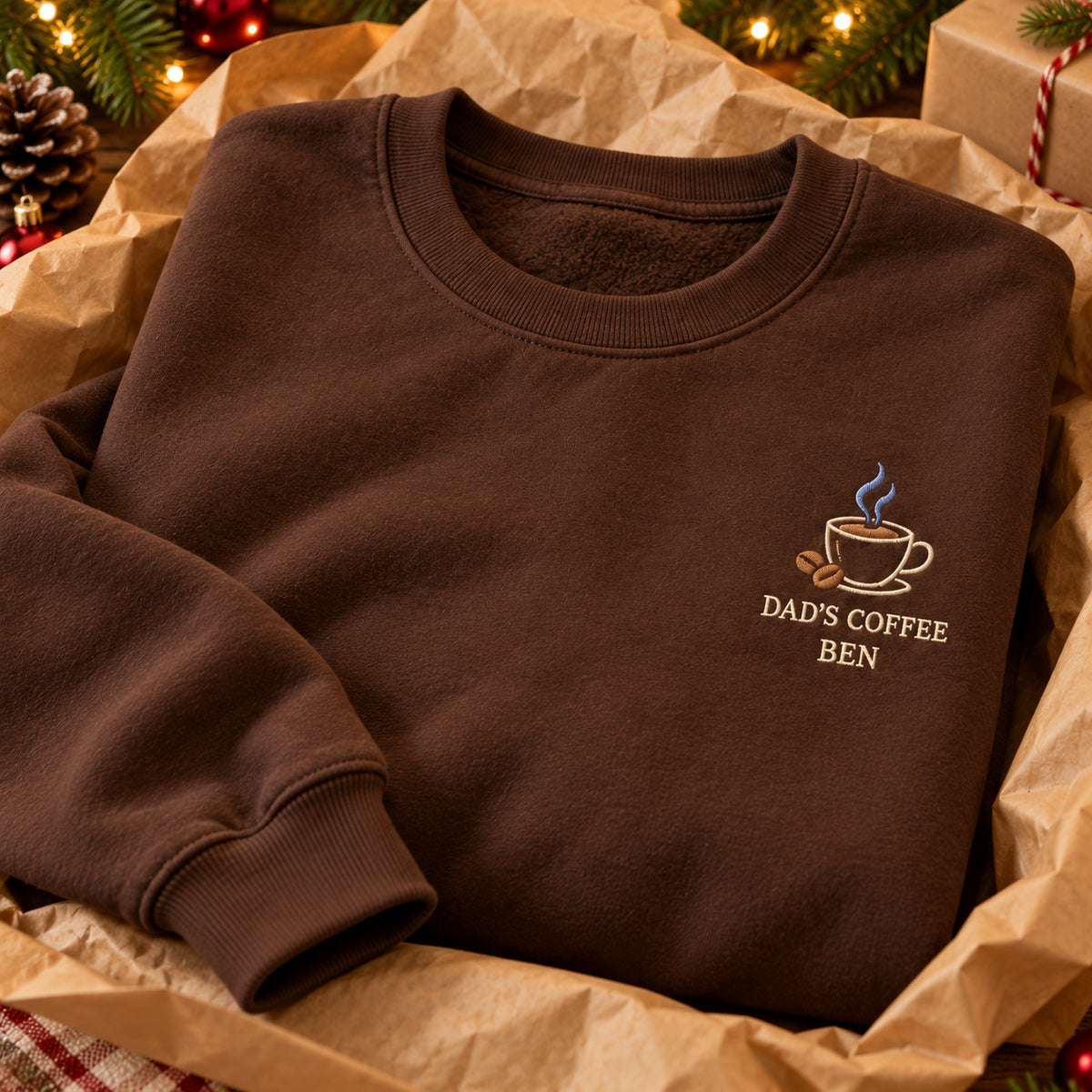 Dad's Coffee sweatshirt concept mockup featuring a steaming coffee cup with coffee beans, sample personalization BEN, personalization view
