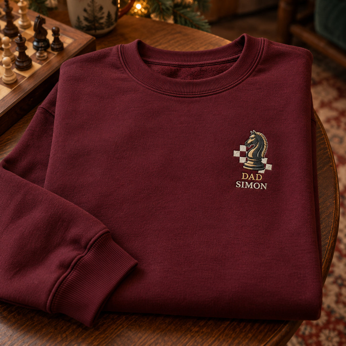 Dad's Chess Move sweatshirt concept mockup featuring a knight chess piece with checkerboard squares, sample personalization SIMON, hero view
