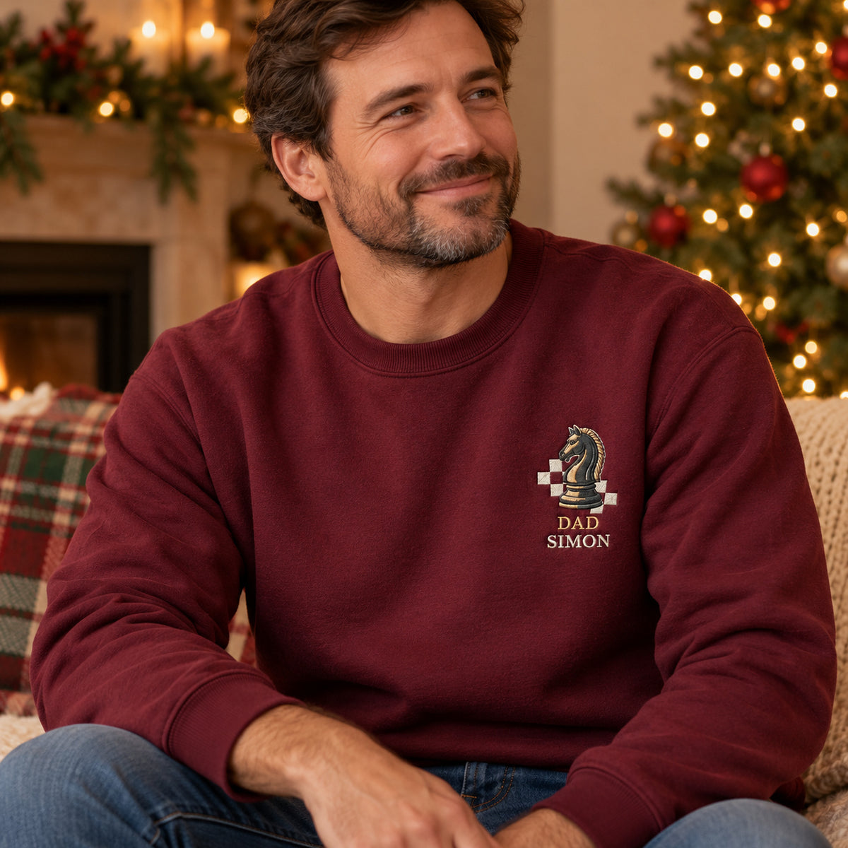 Dad's Chess Move sweatshirt concept mockup featuring a knight chess piece with checkerboard squares, sample personalization SIMON, lifestyle view