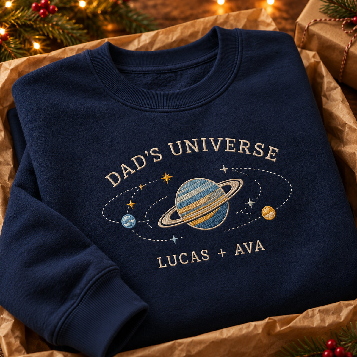 Dad's Universe sweatshirt concept mockup featuring a ringed planet with smaller planets and stars, sample personalization LUCAS + AVA, personalization view