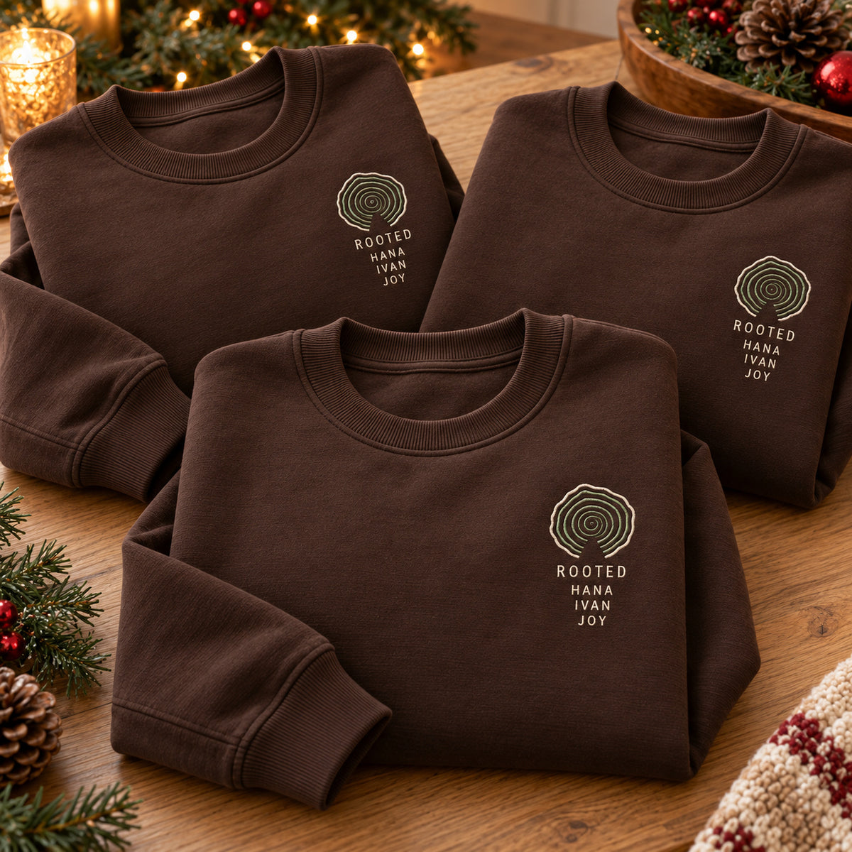 Rooted Family Tree Rings sweatshirt concept mockup featuring concentric tree rings above ROOTED lettering, sample personalization HANA / IVAN / JOY, personalization view