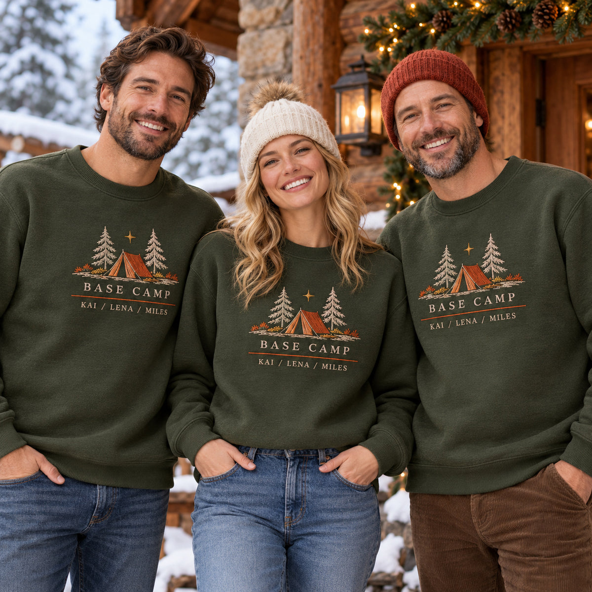 Family Base Camp sweatshirt concept mockup featuring a camping tent between evergreen trees beneath a star, sample personalization KAI / LENA / MILES, lifestyle view