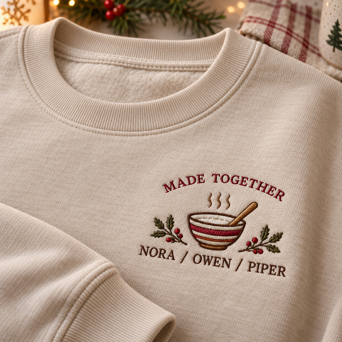Made Together Recipe sweatshirt concept mockup featuring a mixing bowl, spoon and leafy accents, sample personalization NORA / OWEN / PIPER, embroidery view