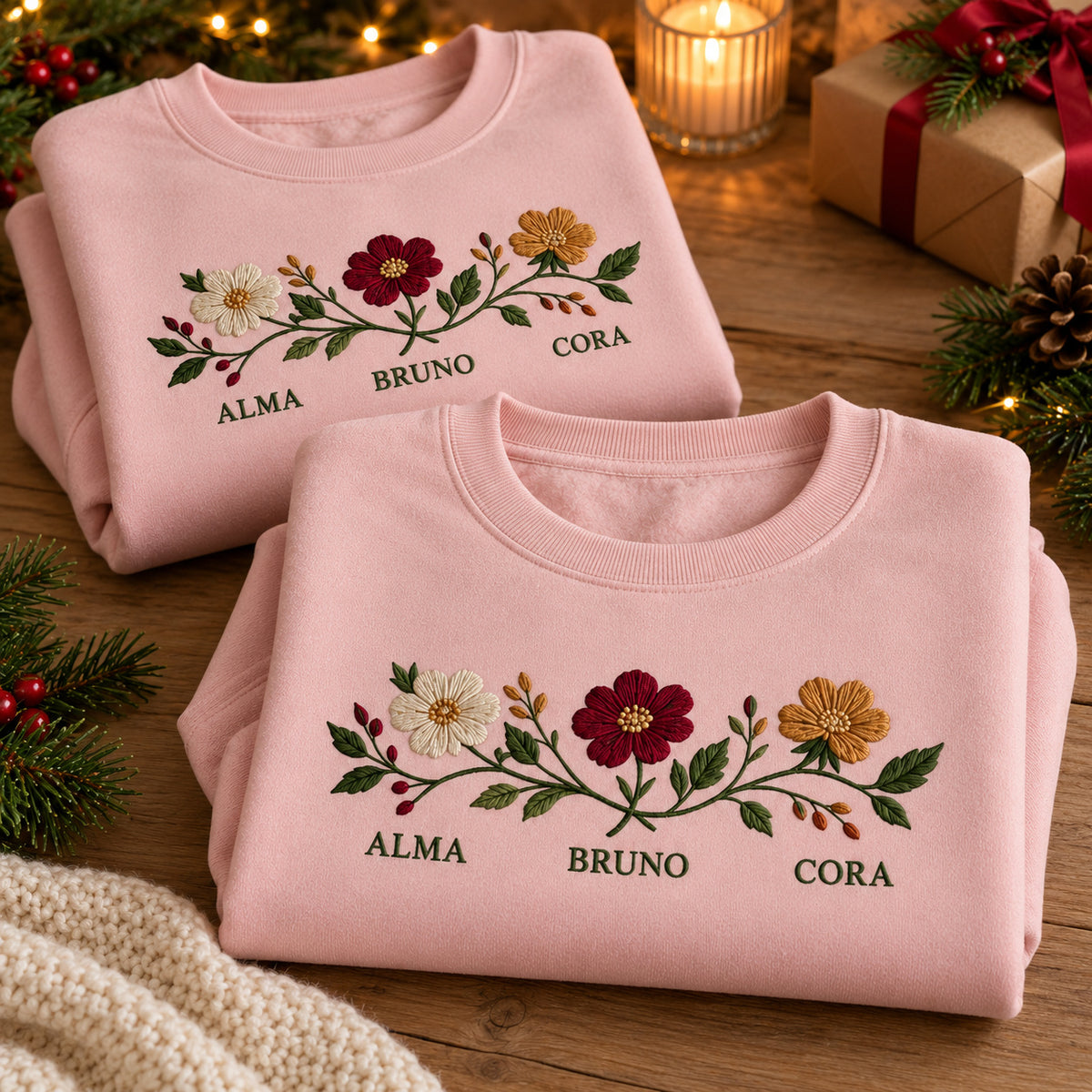 Family Garden sweatshirt concept mockup featuring three flowers on a leafy vine with names beneath, sample personalization ALMA / BRUNO / CORA, personalization view