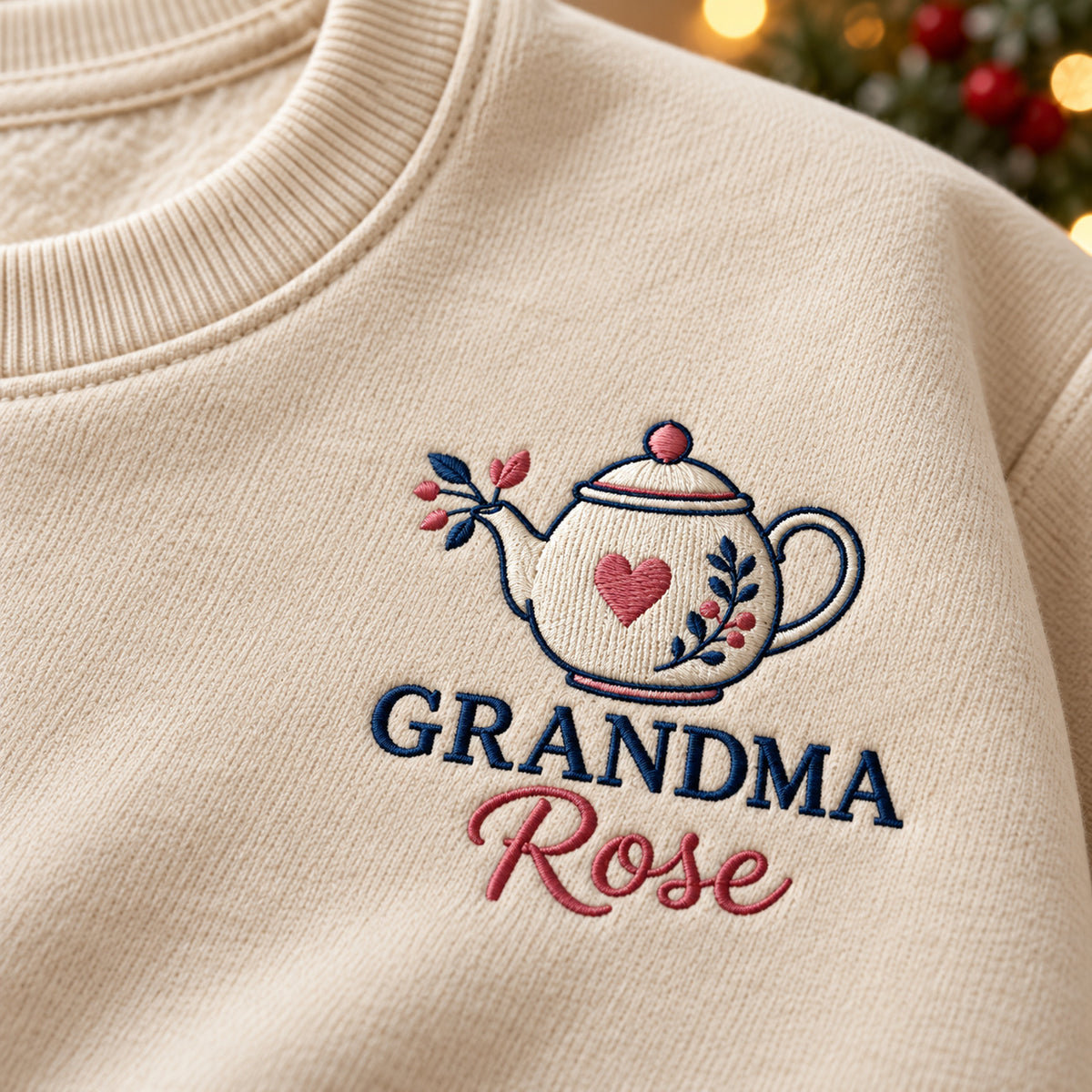 Grandma's Teapot sweatshirt concept mockup featuring a floral teapot with a red heart, sample personalization Rose, embroidery view