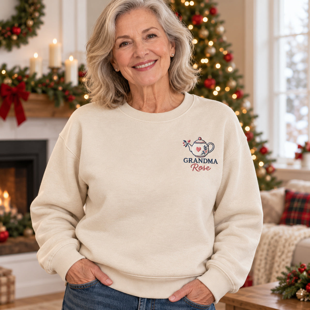 Grandma's Teapot sweatshirt concept mockup featuring a floral teapot with a red heart, sample personalization Rose, lifestyle view