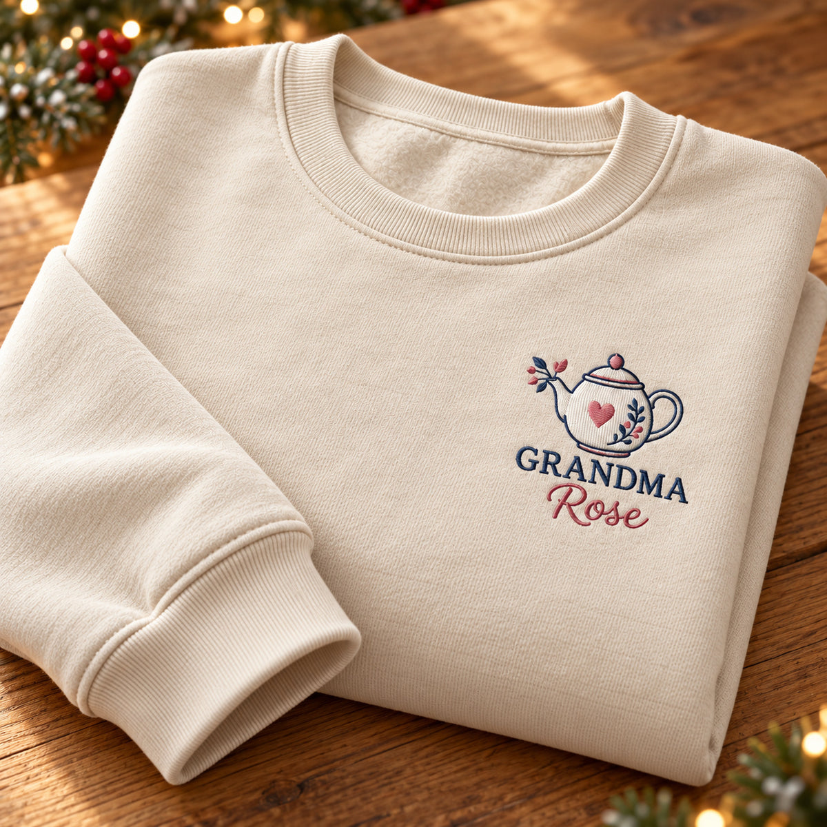 Grandma's Teapot sweatshirt concept mockup featuring a floral teapot with a red heart, sample personalization Rose, personalization view