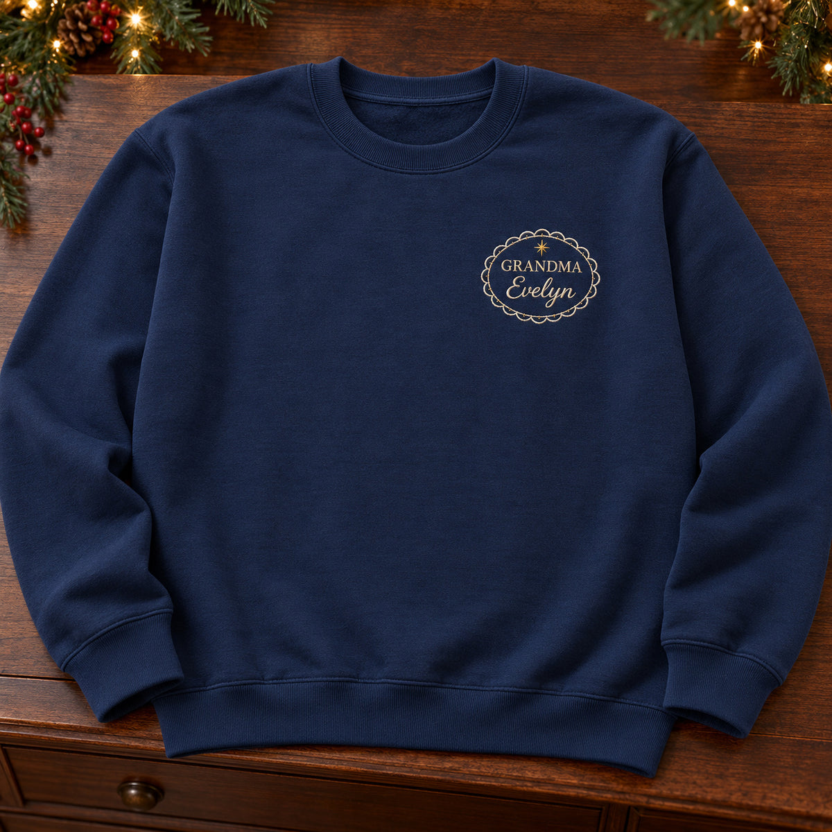 Grandma's Memory Frame sweatshirt concept mockup featuring an ornate oval frame and small star, sample personalization Evelyn, hero view