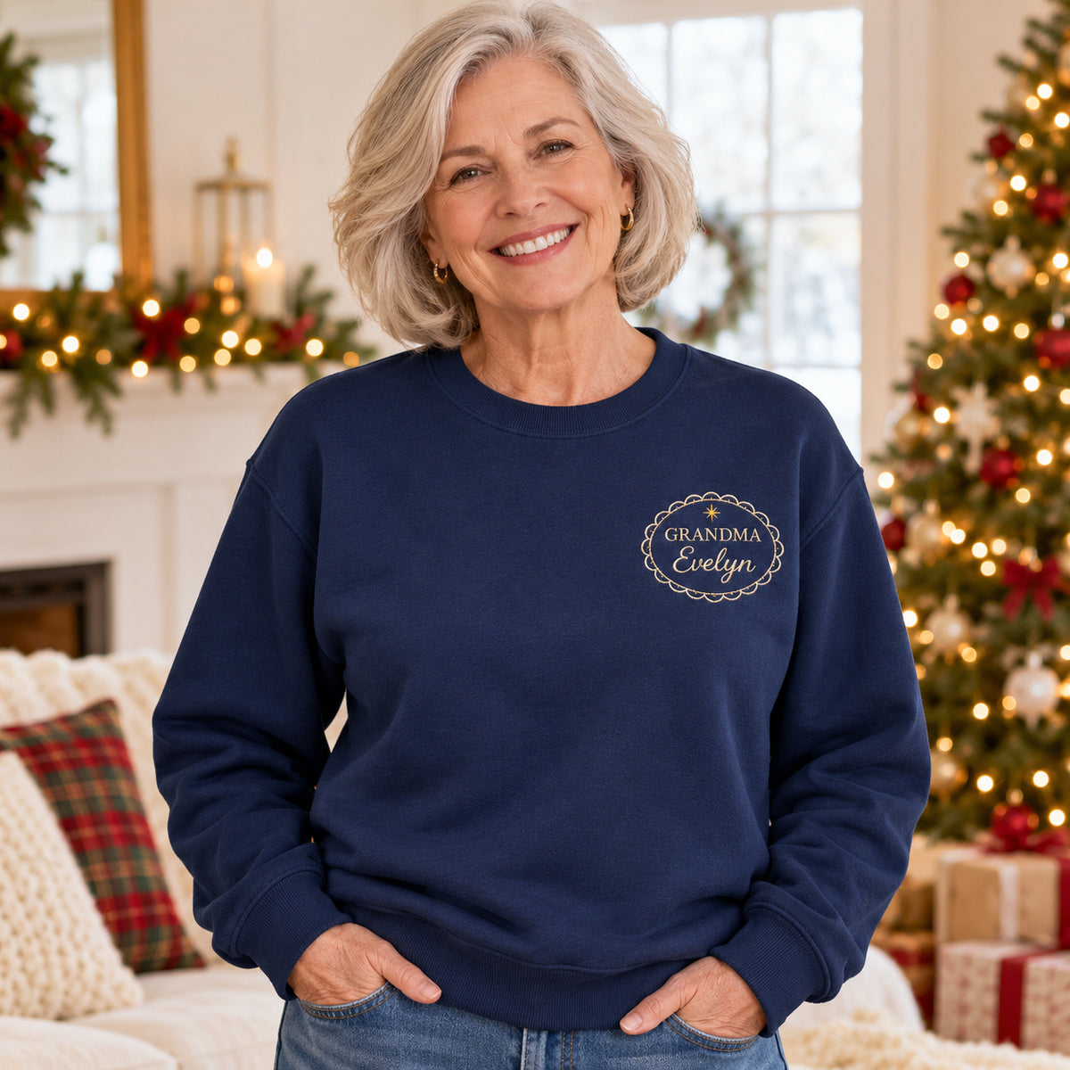 Grandma's Memory Frame sweatshirt concept mockup featuring an ornate oval frame and small star, sample personalization Evelyn, lifestyle view