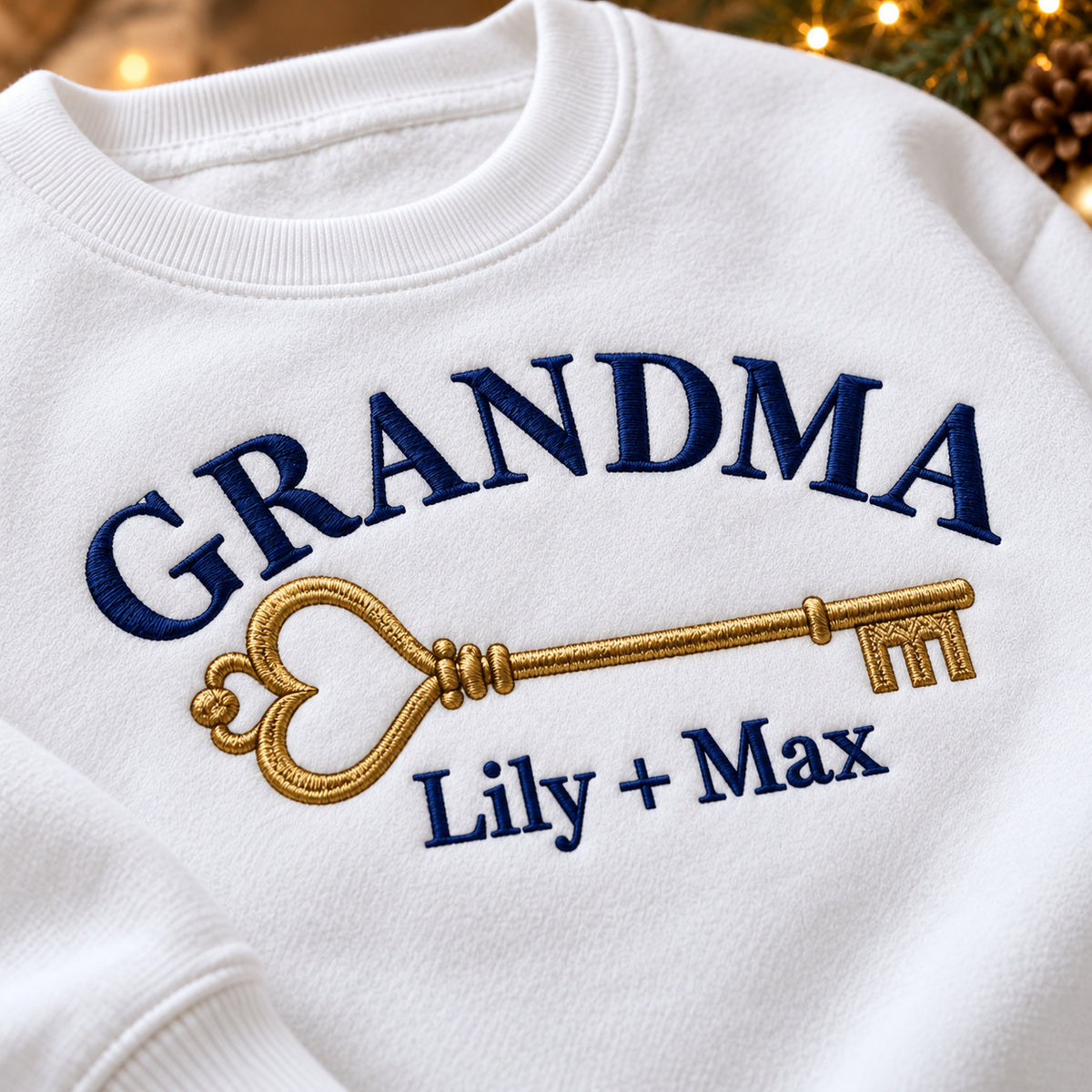 Grandma's House Key sweatshirt concept mockup featuring a vintage key with a heart-shaped bow, sample personalization Lily + Max, embroidery view