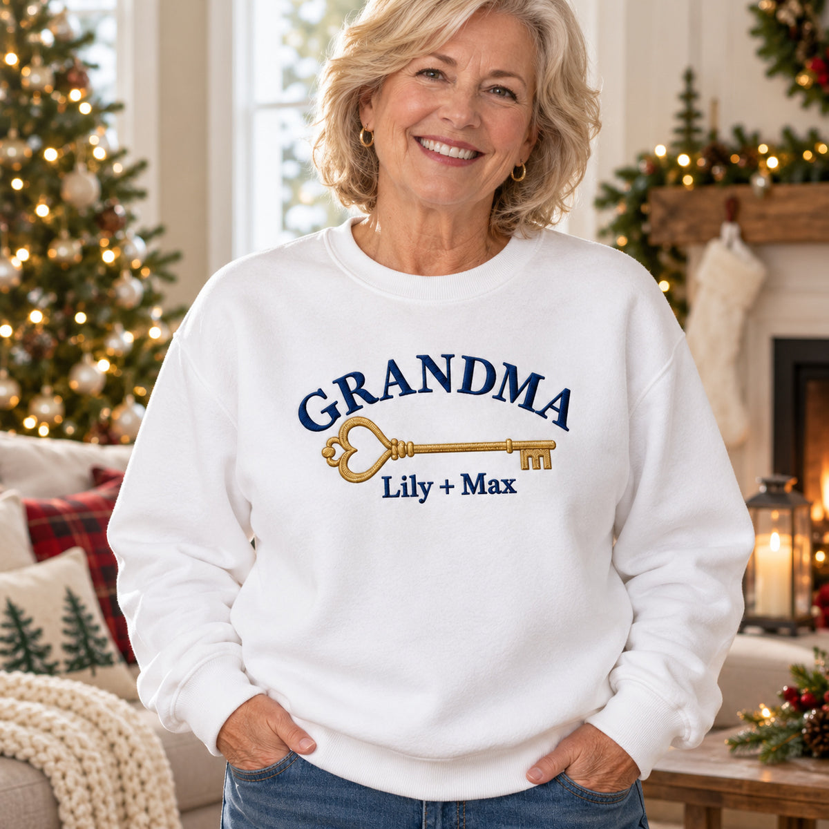 Grandma's House Key sweatshirt concept mockup featuring a vintage key with a heart-shaped bow, sample personalization Lily + Max, lifestyle view