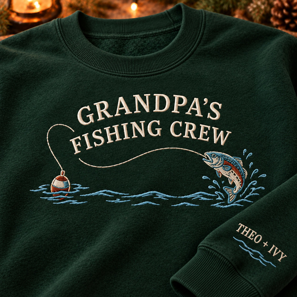 Grandpa's Fishing Crew sweatshirt concept mockup featuring a jumping fish, fishing float and flowing water, sample personalization THEO + IVY, embroidery view