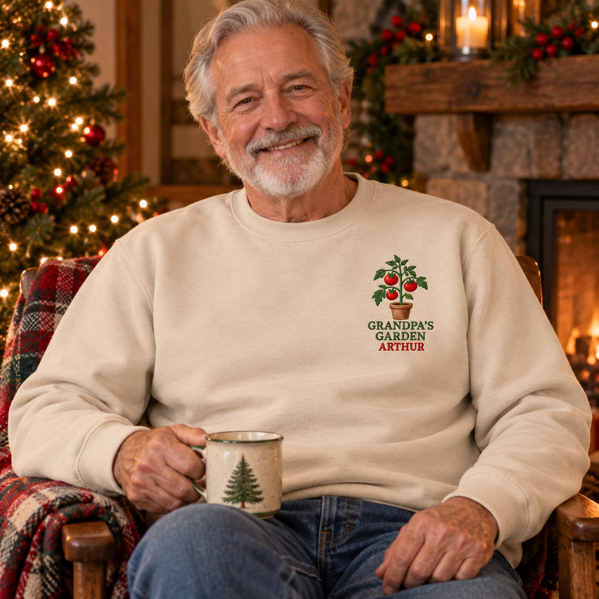 Grandpa's Tomato Garden sweatshirt concept mockup featuring a potted tomato plant, sample personalization ARTHUR, lifestyle view