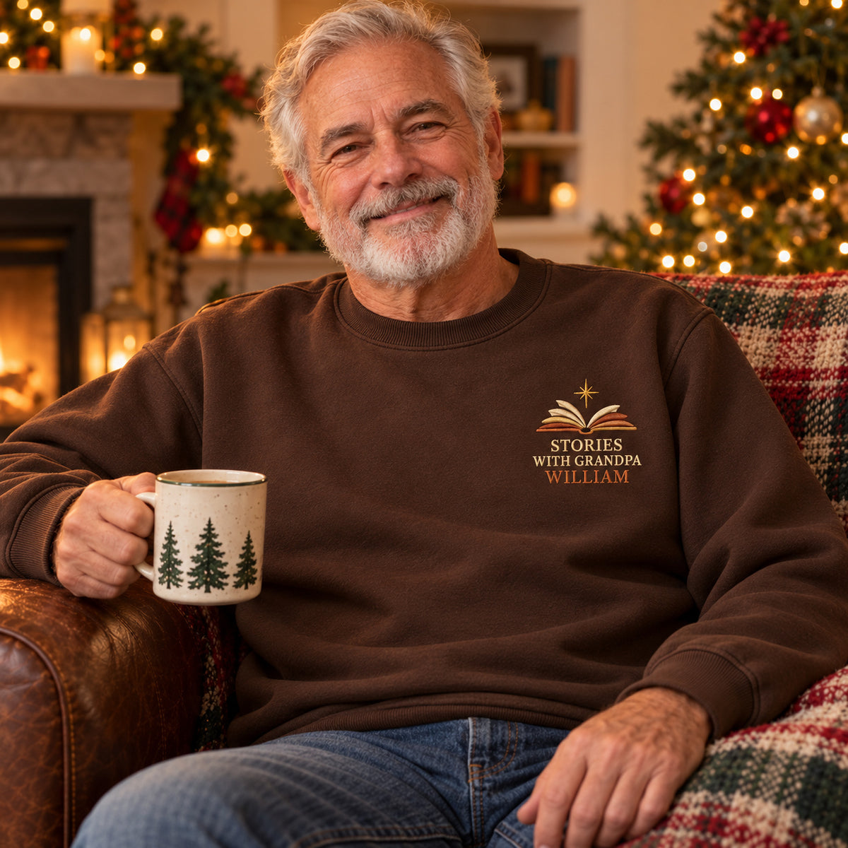 Stories with Grandpa sweatshirt concept mockup featuring an open book with a shining star, sample personalization WILLIAM, lifestyle view