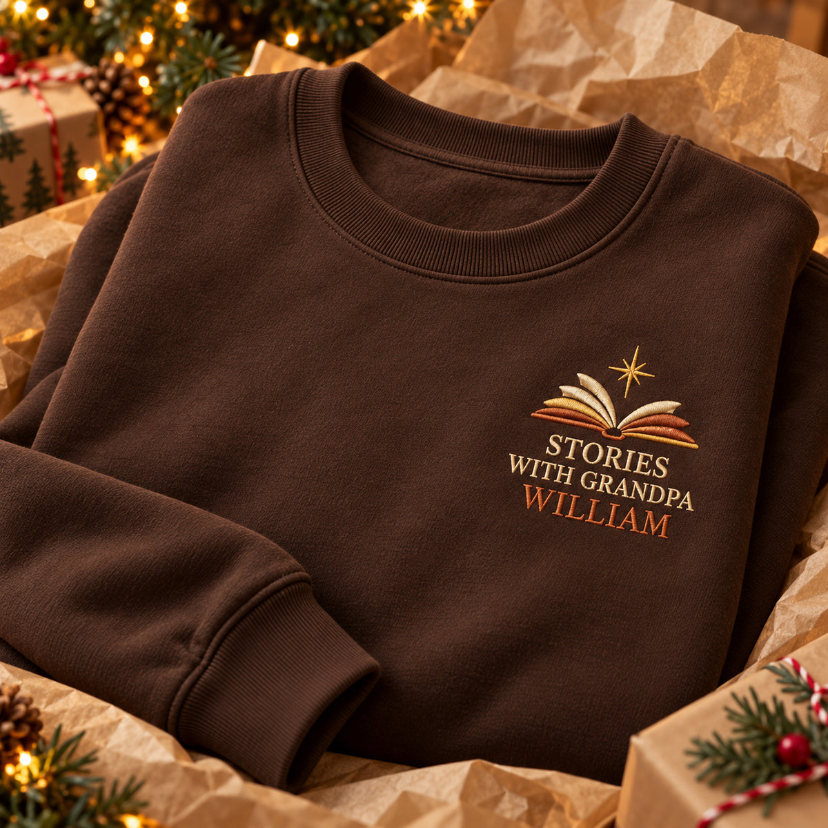 Stories with Grandpa sweatshirt concept mockup featuring an open book with a shining star, sample personalization WILLIAM, personalization view
