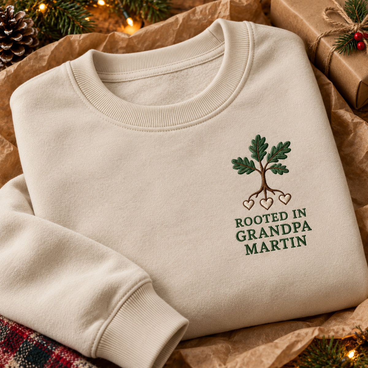 Rooted in Grandpa sweatshirt concept mockup featuring a leafy tree with heart-shaped roots, sample personalization MARTIN, personalization view