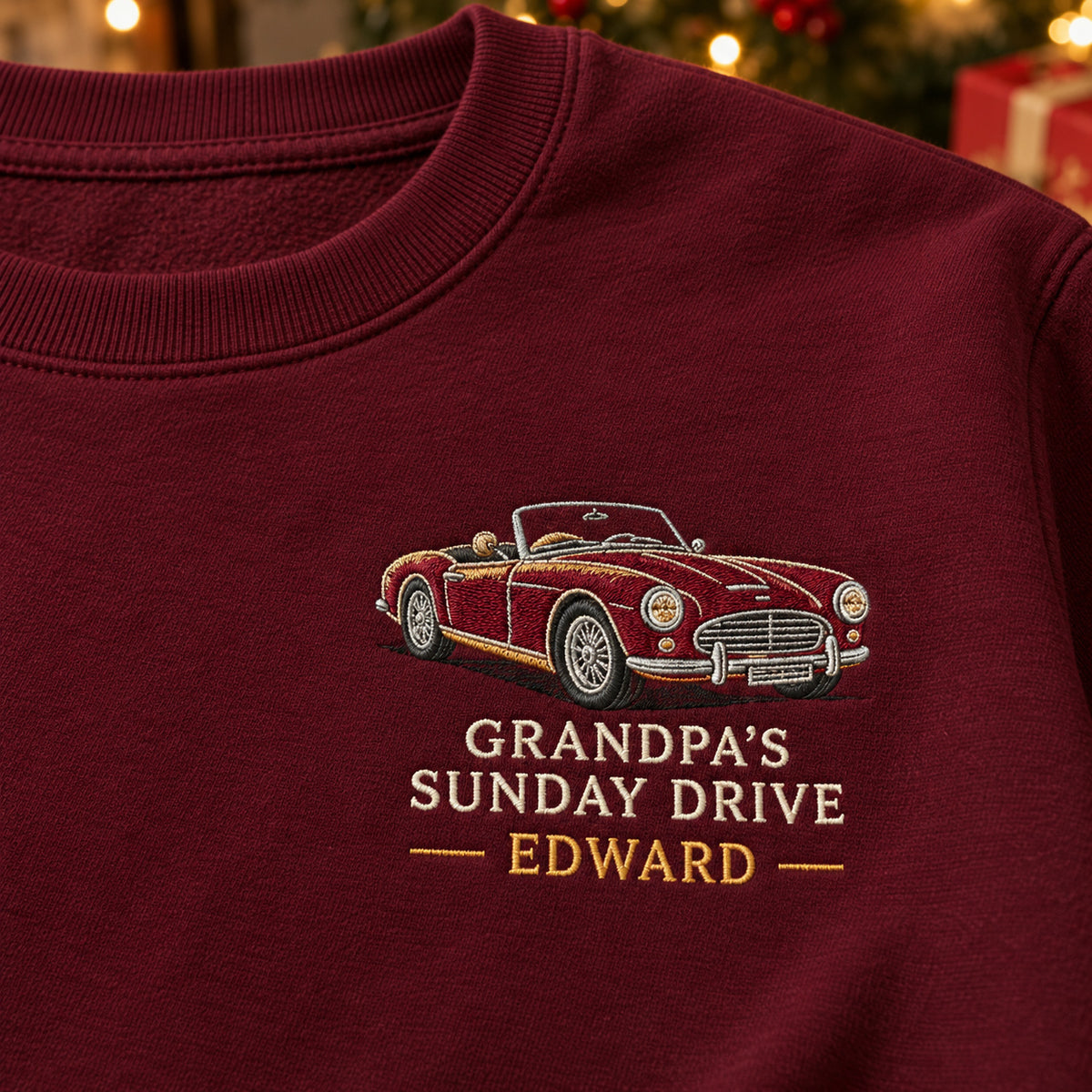 Grandpa's Sunday Drive sweatshirt concept mockup featuring a vintage convertible car, sample personalization EDWARD, embroidery view