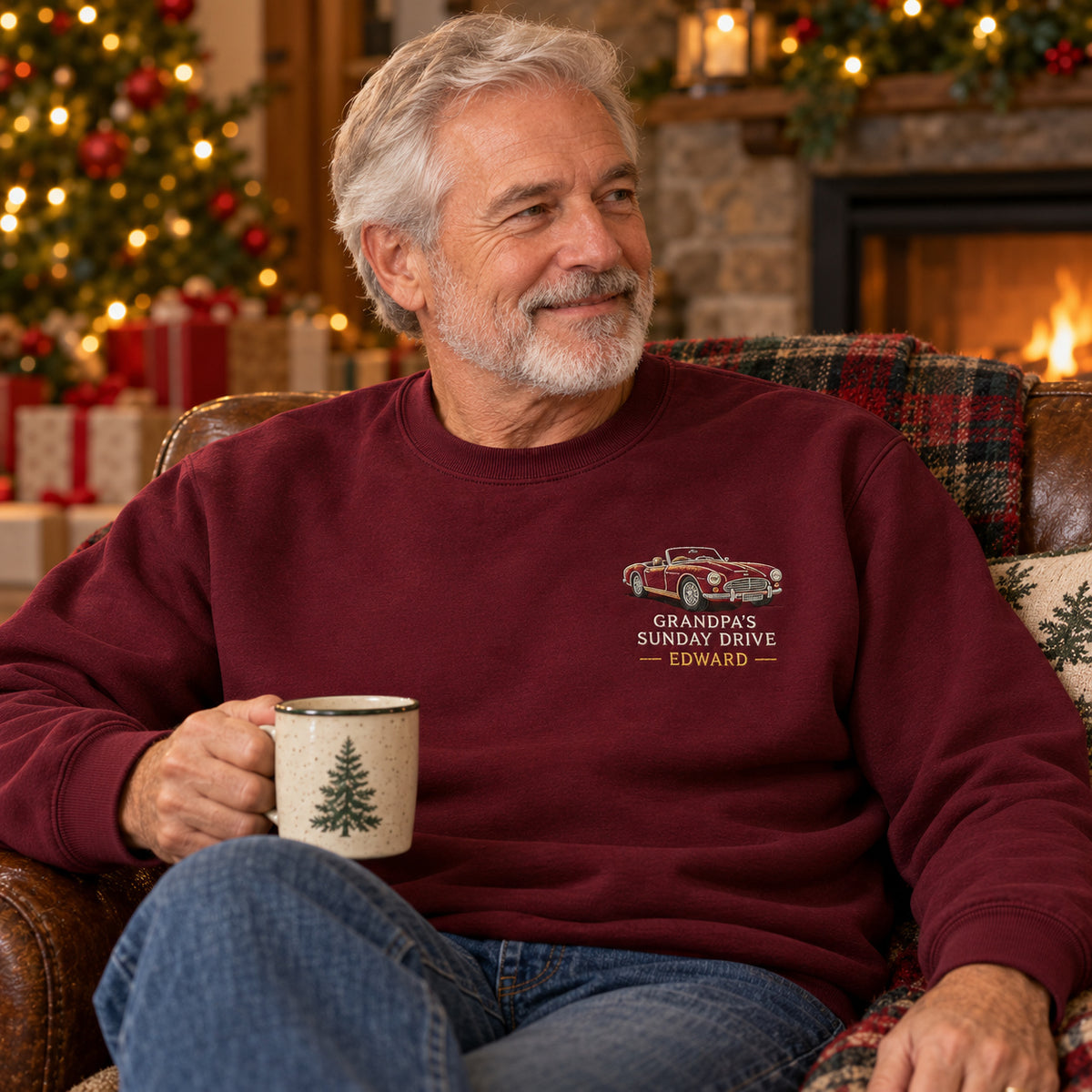 Grandpa's Sunday Drive sweatshirt concept mockup featuring a vintage convertible car, sample personalization EDWARD, lifestyle view