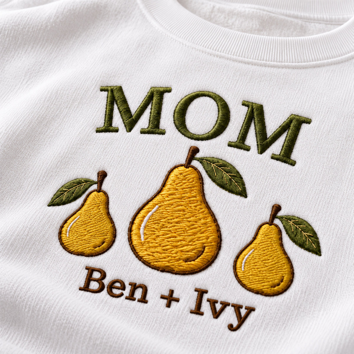 Mom and Two Pears sweatshirt concept mockup featuring a large pear between two smaller pears, sample personalization Ben + Ivy, embroidery view
