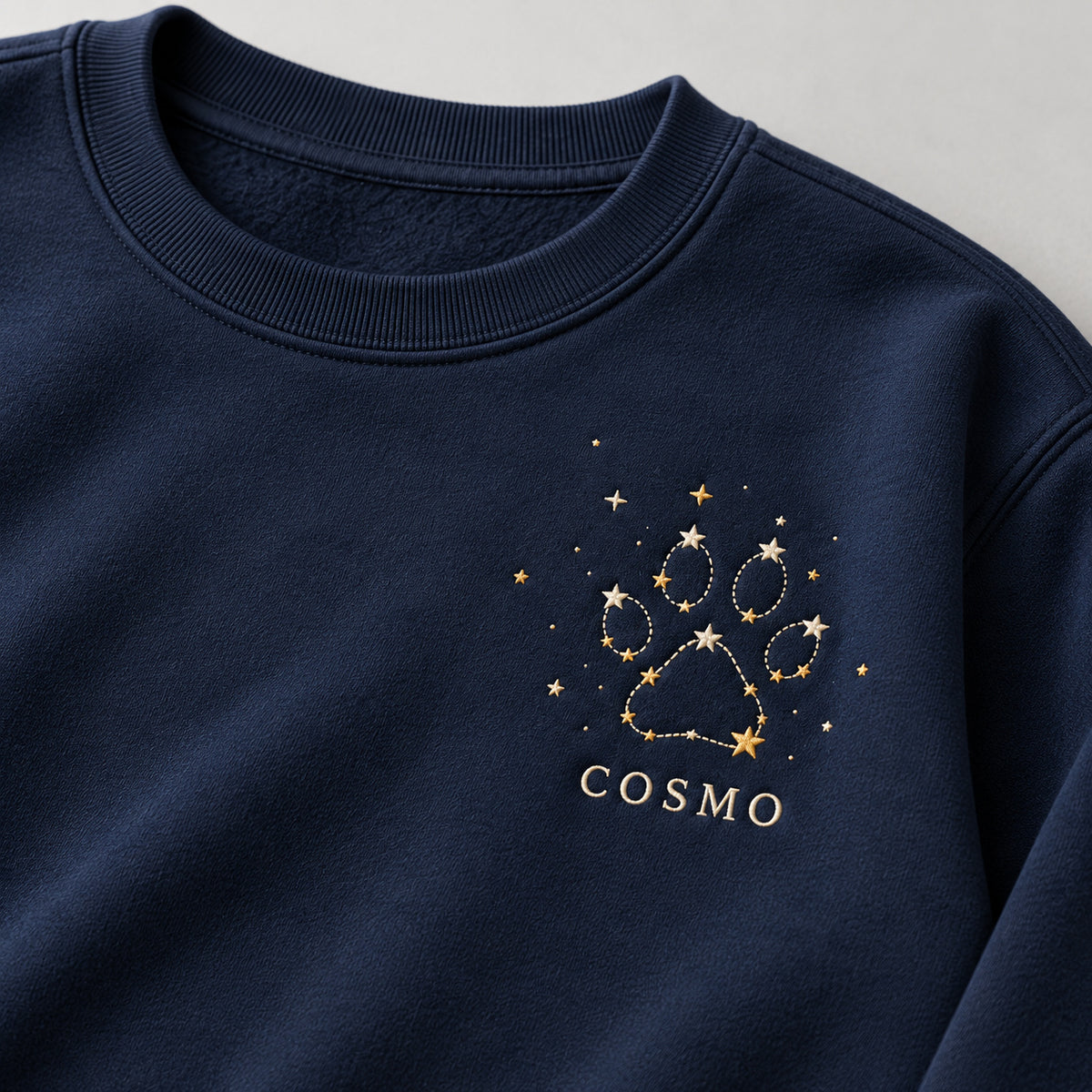 Paw Constellation sweatshirt concept mockup featuring a paw-shaped star constellation, sample personalization COSMO, personalization view