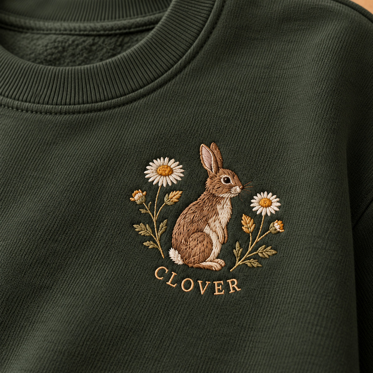 Garden Bunny sweatshirt concept mockup featuring a rabbit surrounded by daisies, sample personalization CLOVER, personalization view