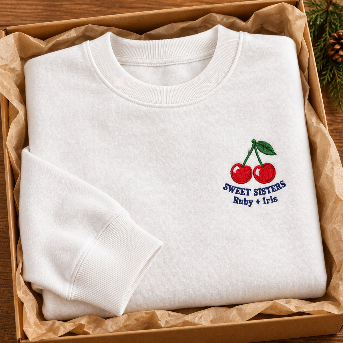 Sisters on One Branch sweatshirt concept mockup featuring two cherries joined on one stem, sample personalization Ruby + Iris, personalization view