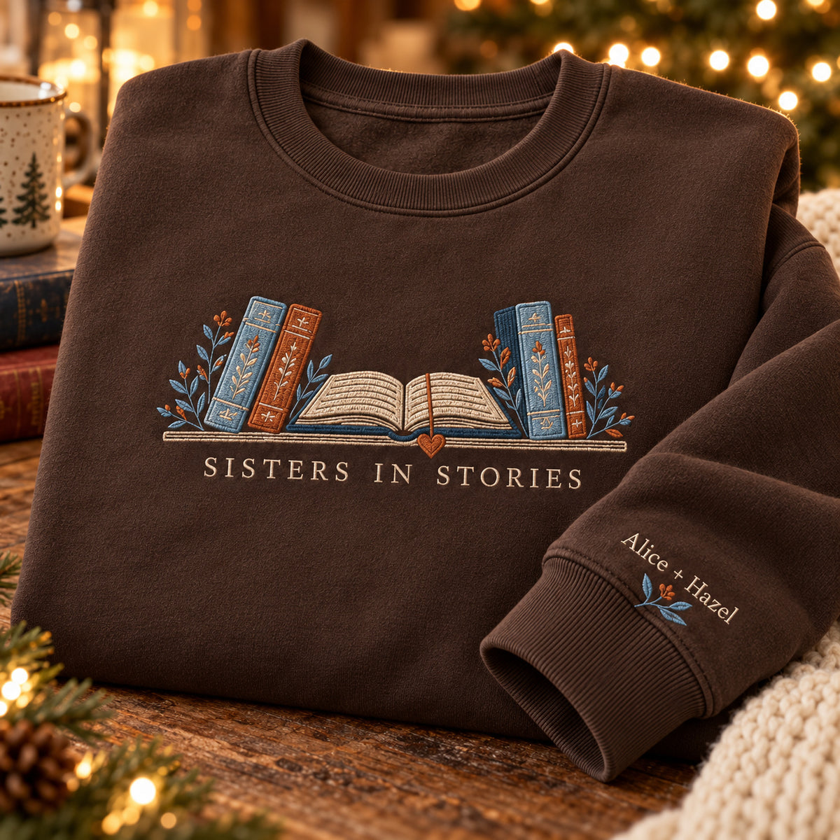 Sisters in Stories sweatshirt concept mockup featuring books with an open volume and leafy accents, sample personalization Alice + Hazel, personalization view