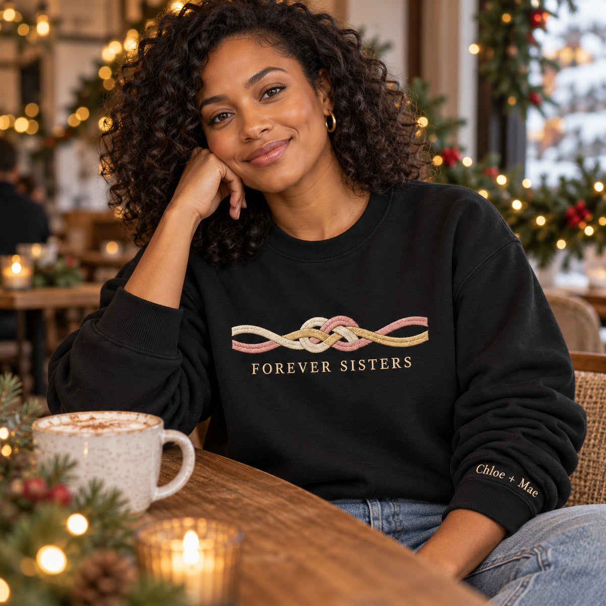 Forever Sisters Knot sweatshirt concept mockup featuring an intertwined friendship knot, sample personalization Chloe + Mae, lifestyle view
