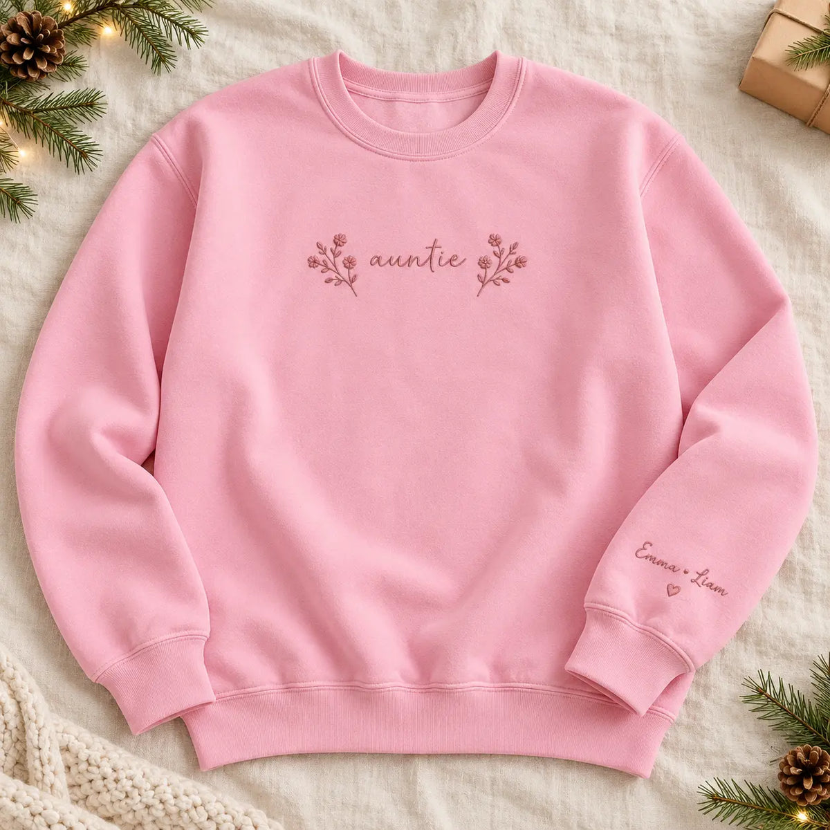 Personalized Floral Auntie Embroidered Sweatshirt, Hoodie & T-Shirt — Sweatshirt hero mockup