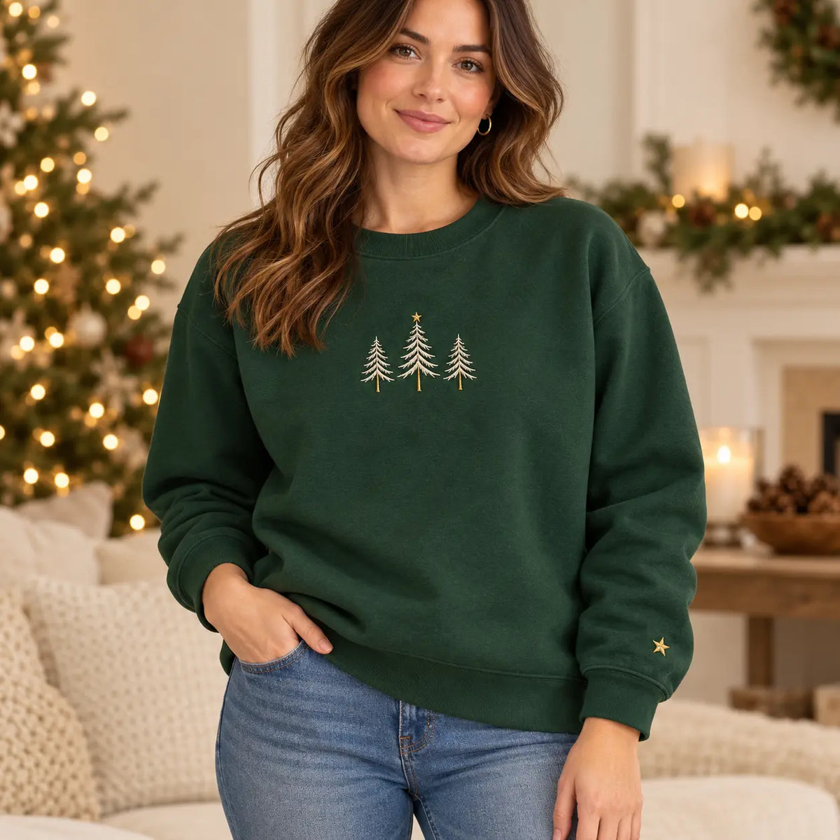 Three Christmas Trees Embroidered Sweatshirt, Hoodie & T-Shirt — Sweatshirt lifestyle mockup