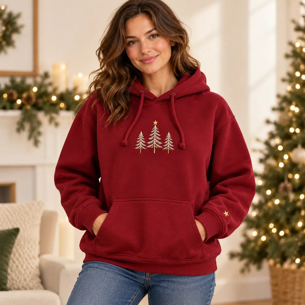 Three Christmas Trees Embroidered Sweatshirt, Hoodie & T-Shirt — Hoodie lifestyle mockup