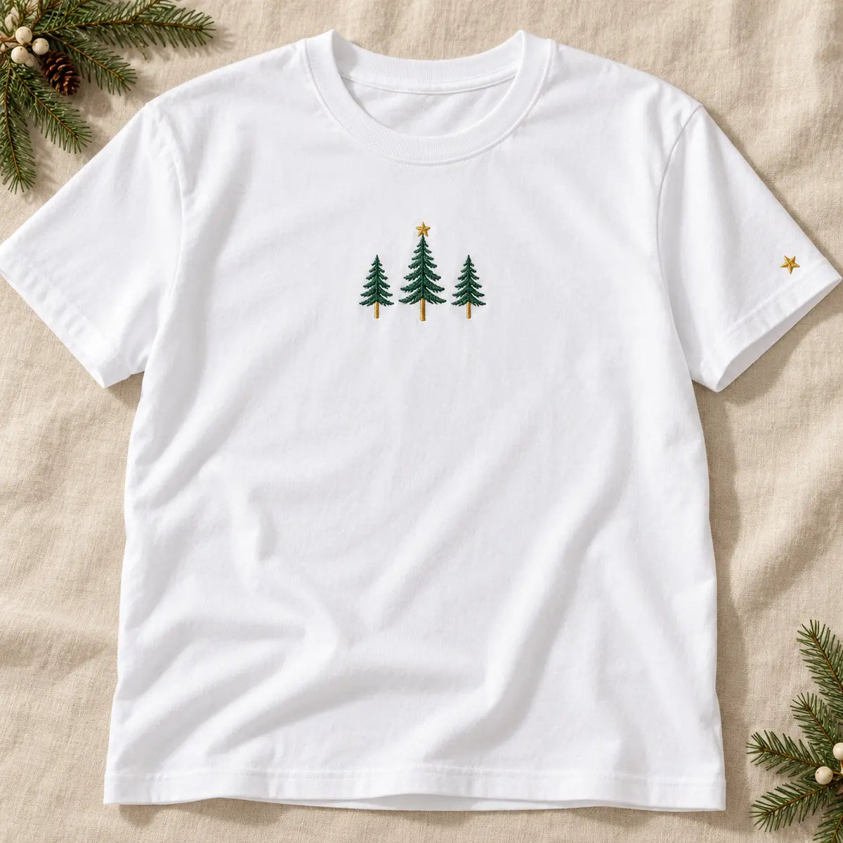 Three Christmas Trees Embroidered Sweatshirt, Hoodie & T-Shirt — T-shirt hero mockup