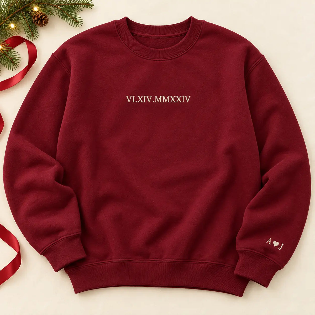 Personalized Roman Numeral Date Embroidered Sweatshirt, Hoodie & T-Shirt — Sweatshirt hero mockup
