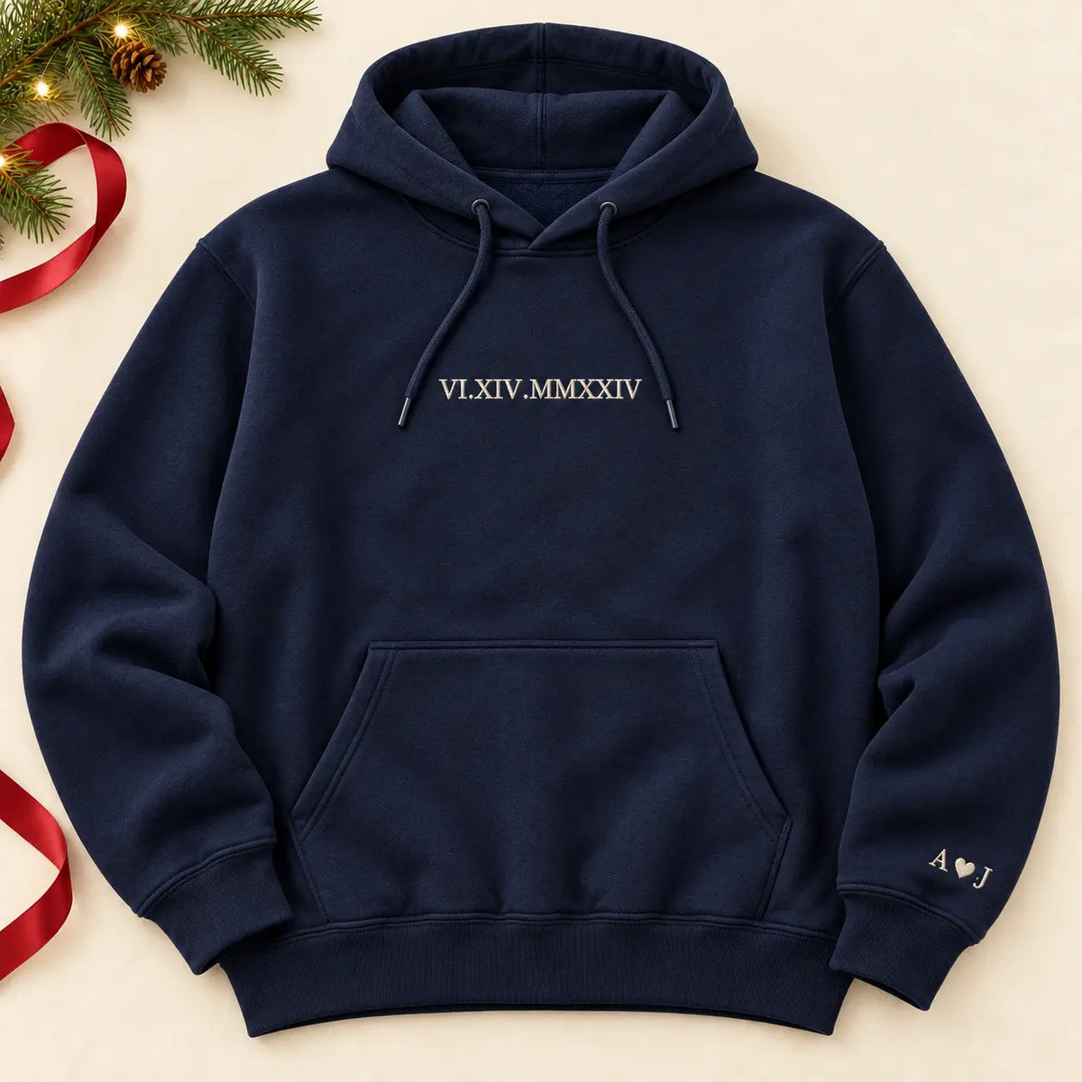 Personalized Roman Numeral Date Embroidered Sweatshirt, Hoodie & T-Shirt — Hoodie hero mockup