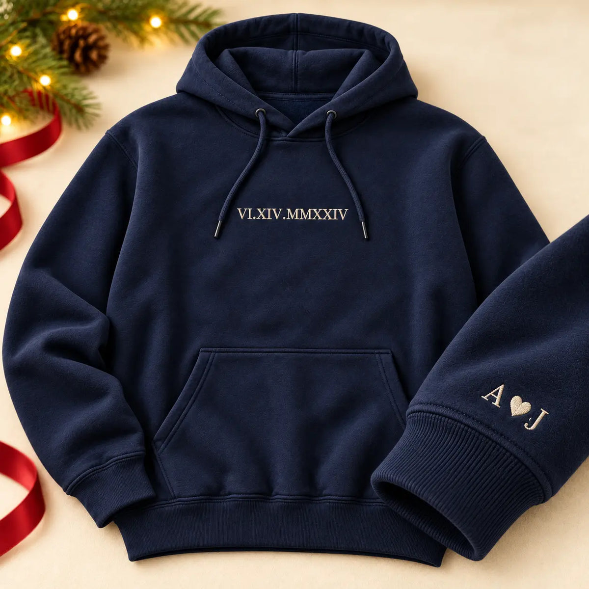 Personalized Roman Numeral Date Embroidered Sweatshirt, Hoodie & T-Shirt — Hoodie sleeve mockup