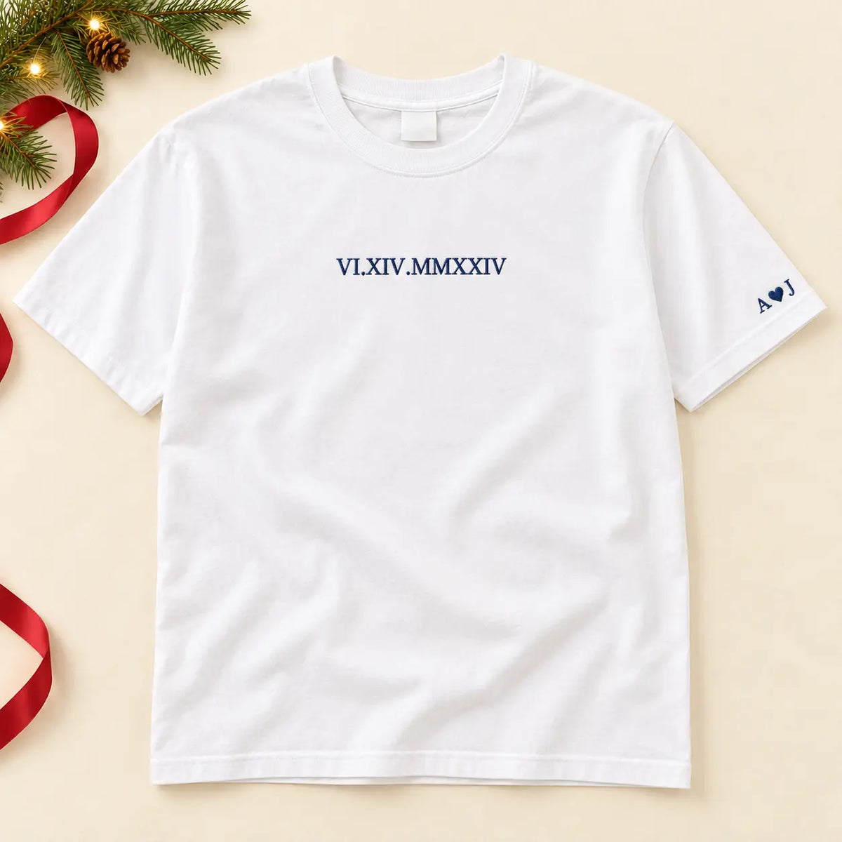 Personalized Roman Numeral Date Embroidered Sweatshirt, Hoodie & T-Shirt — T-shirt hero mockup