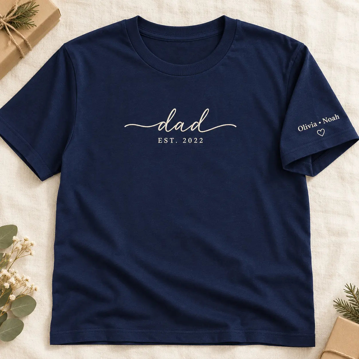 Personalized Script Dad Established Year Embroidered Sweatshirt, Hoodie & T-Shirt — T-shirt hero mockup