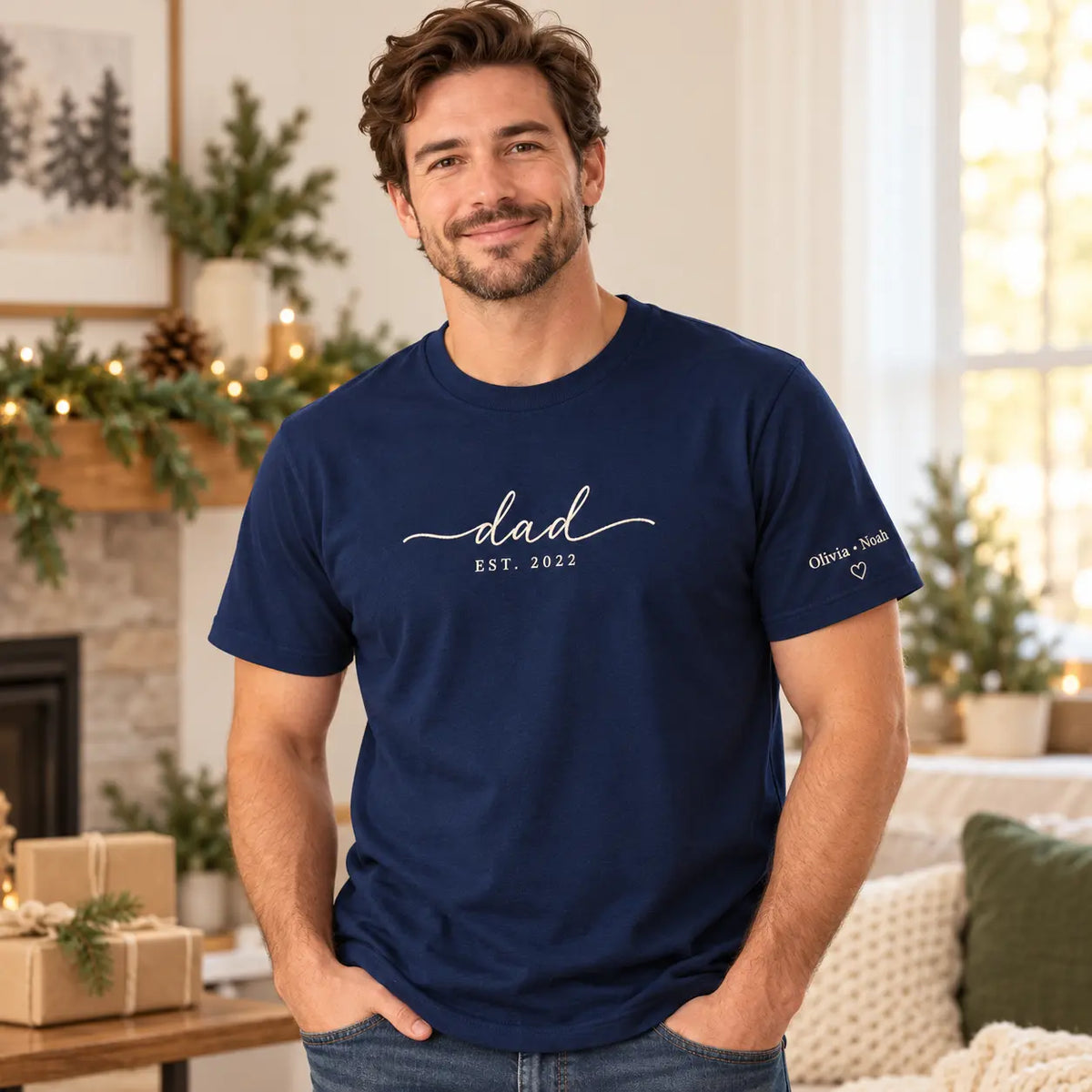 Personalized Script Dad Established Year Embroidered Sweatshirt, Hoodie & T-Shirt — T-shirt lifestyle mockup