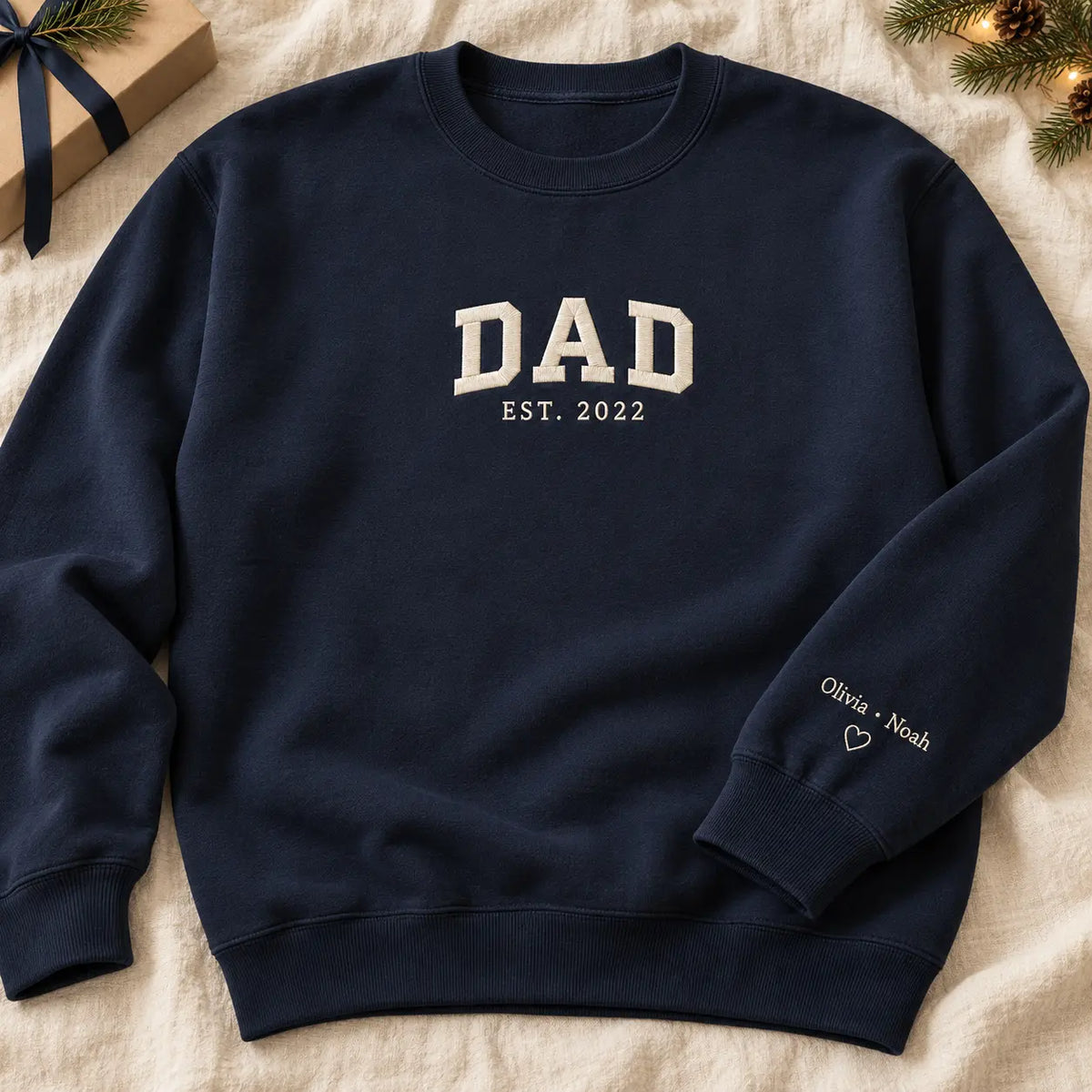 Personalized Varsity Dad Established Year Embroidered Sweatshirt, Hoodie & T-Shirt — Sweatshirt hero mockup