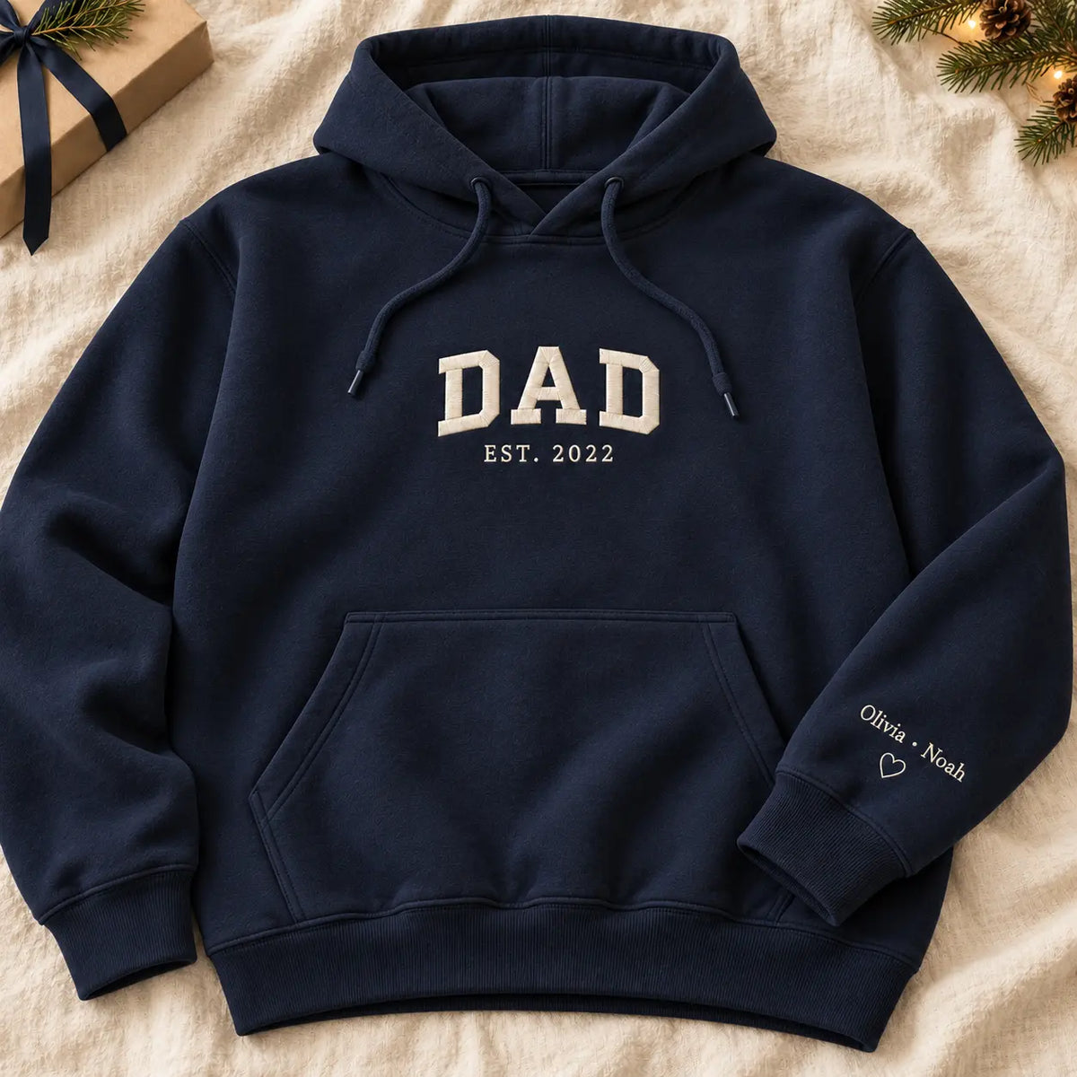 Personalized Varsity Dad Established Year Embroidered Sweatshirt, Hoodie & T-Shirt — Hoodie hero mockup