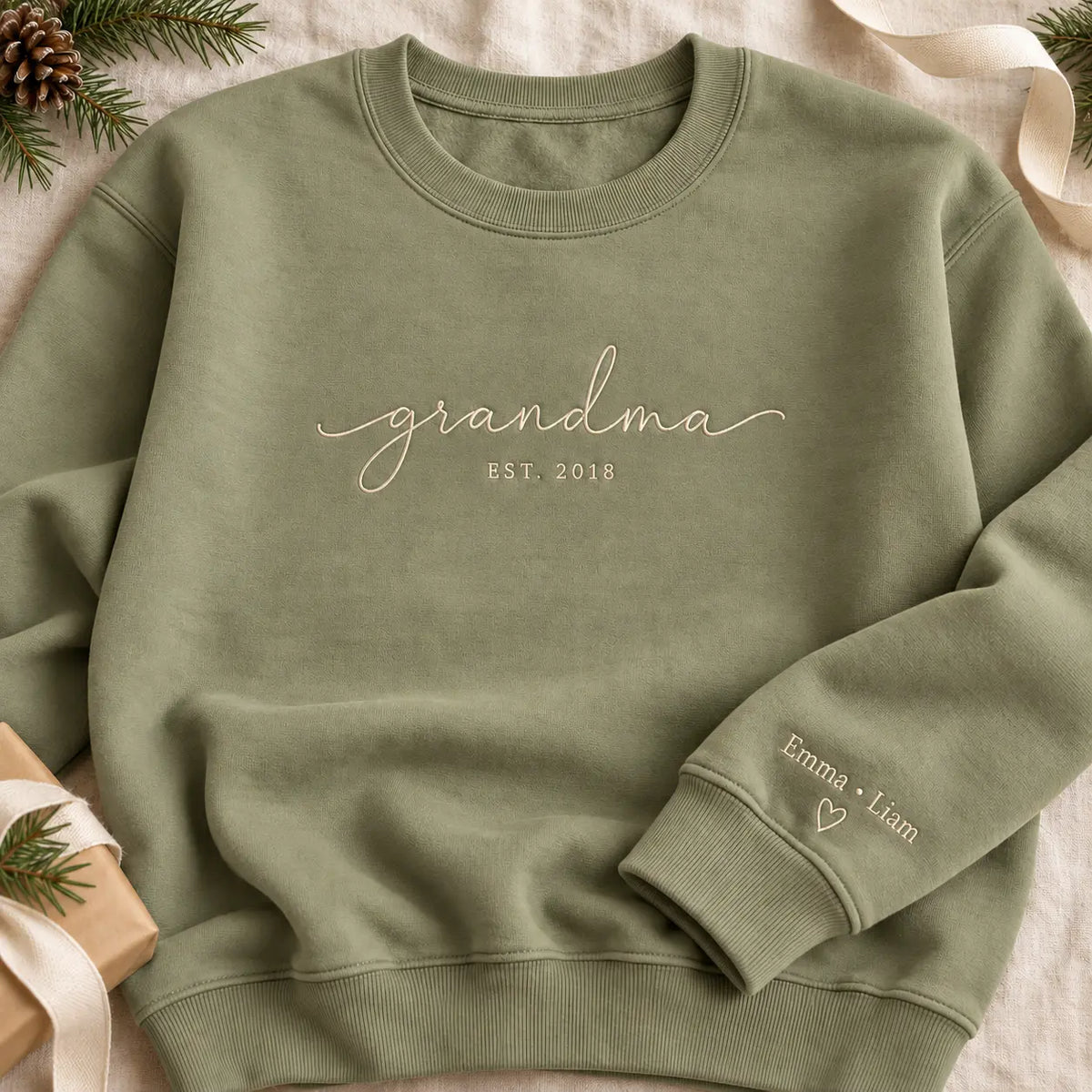 Personalized Grandma Established Year Embroidered Sweatshirt, Hoodie & T-Shirt — Sweatshirt hero mockup