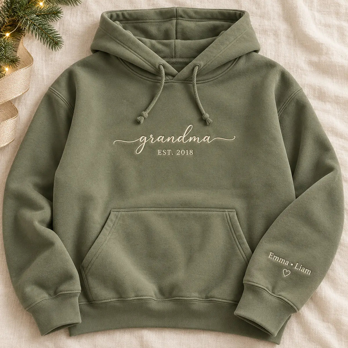Personalized Grandma Established Year Embroidered Sweatshirt, Hoodie & T-Shirt — Hoodie hero mockup
