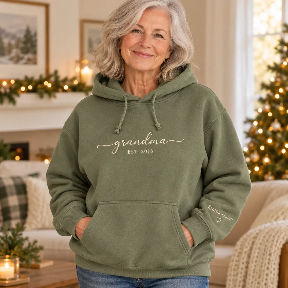 Personalized Grandma Established Year Embroidered Sweatshirt, Hoodie & T-Shirt — Hoodie lifestyle mockup