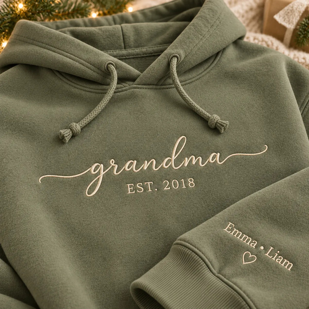 Personalized Grandma Established Year Embroidered Sweatshirt, Hoodie & T-Shirt — Hoodie embroidery mockup