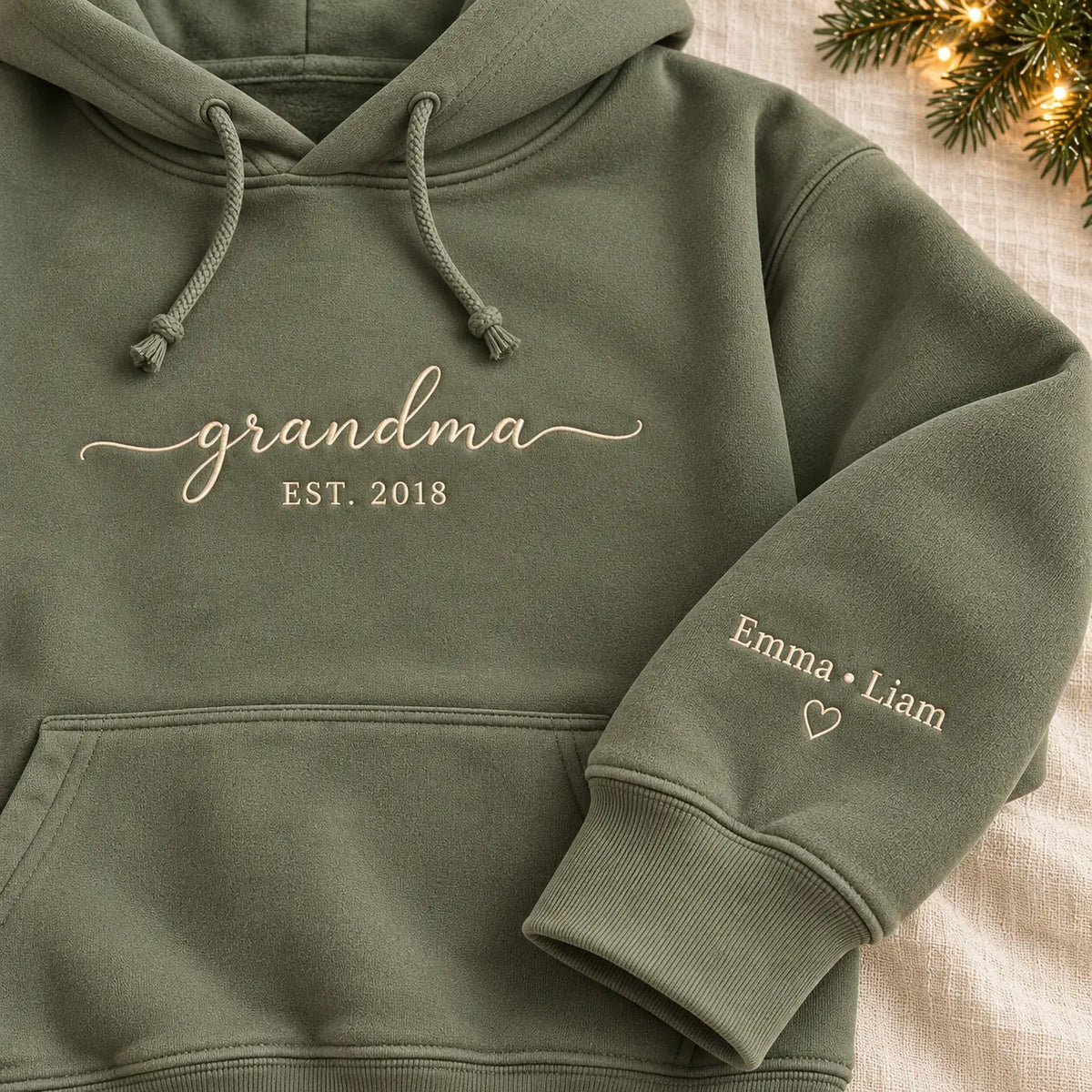 Personalized Grandma Established Year Embroidered Sweatshirt, Hoodie & T-Shirt — Hoodie sleeve mockup