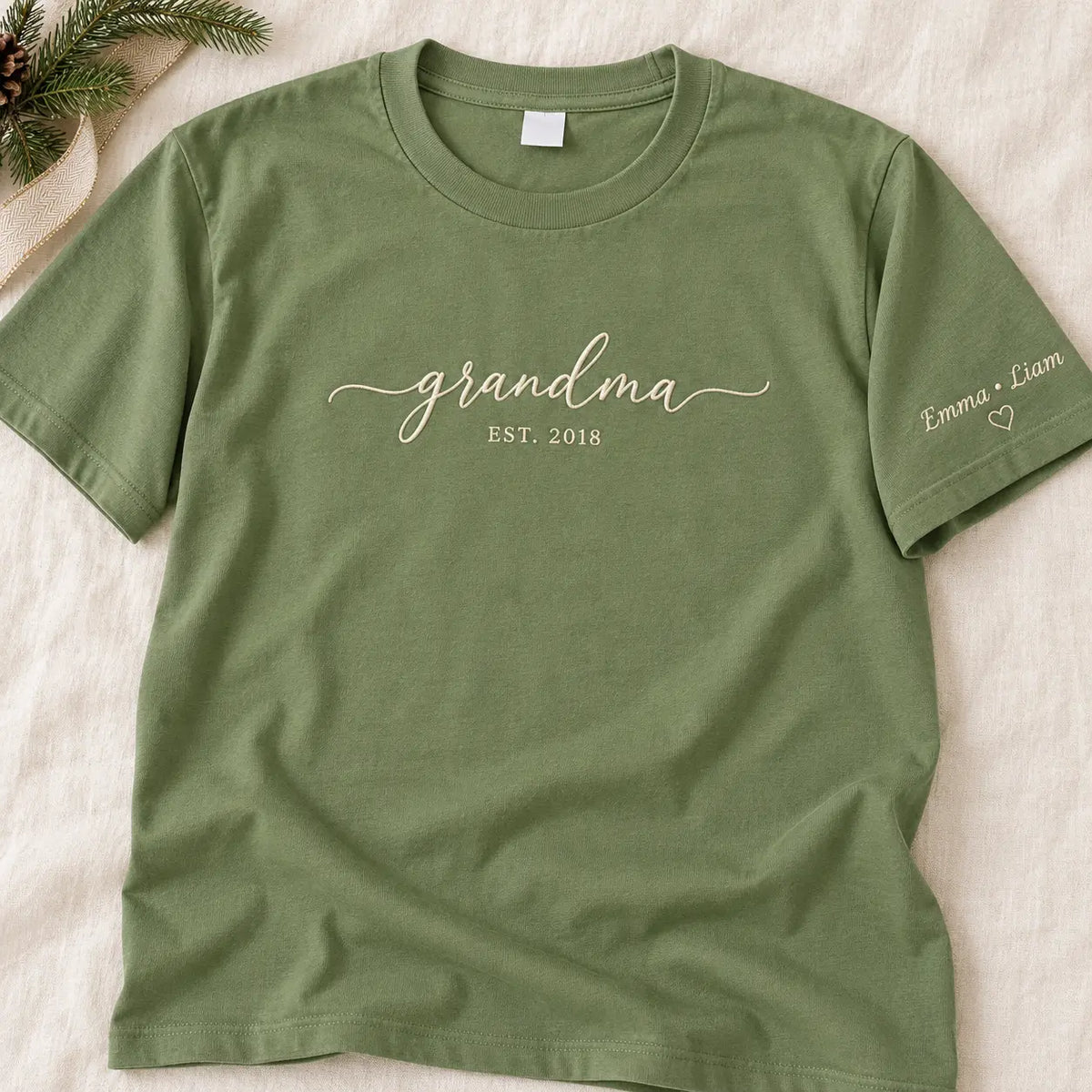 Personalized Grandma Established Year Embroidered Sweatshirt, Hoodie & T-Shirt — T-shirt hero mockup