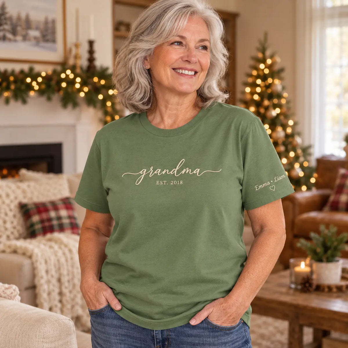Personalized Grandma Established Year Embroidered Sweatshirt, Hoodie & T-Shirt — T-shirt lifestyle mockup