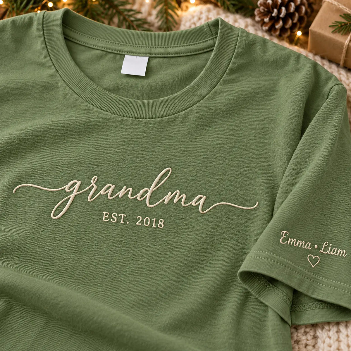 Personalized Grandma Established Year Embroidered Sweatshirt, Hoodie & T-Shirt — T-shirt embroidery mockup